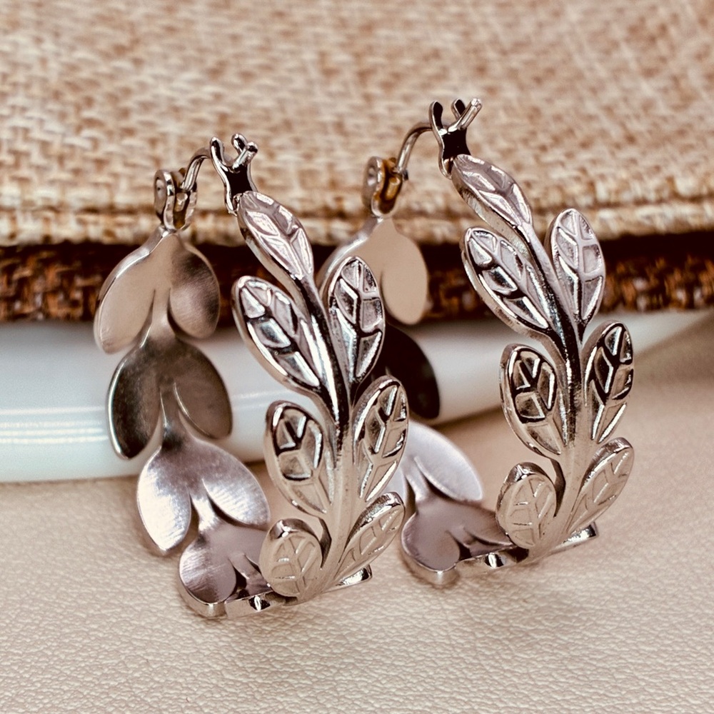 Elegant Silver Leaf Hoop Earrings